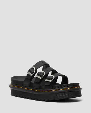 Black Women's Dr Martens Blaire Leather Slide Sandals | CA 316OKI